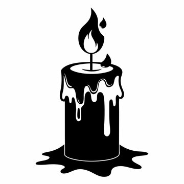 recommend clip art: Vector illustration of a black and white candle with a flickering flame and dripping wax, silhouette