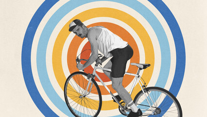 Fototapeta premium Man in retro-style clothes riding on bike with determined face against light background with abstract colorful element. Creative design. Concept of sport, competition, marathon, triathlon, endurance