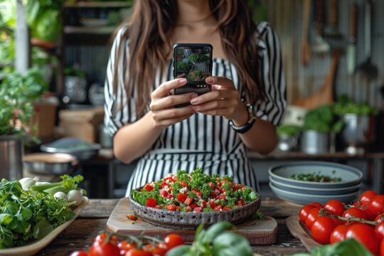 A woman in a stylish striped dress takes a photo of a freshly prepared, colorful salad in a rustic kitchen, surrounded by fresh ingredients like tomatoes and greenery, showcasing culinary art.