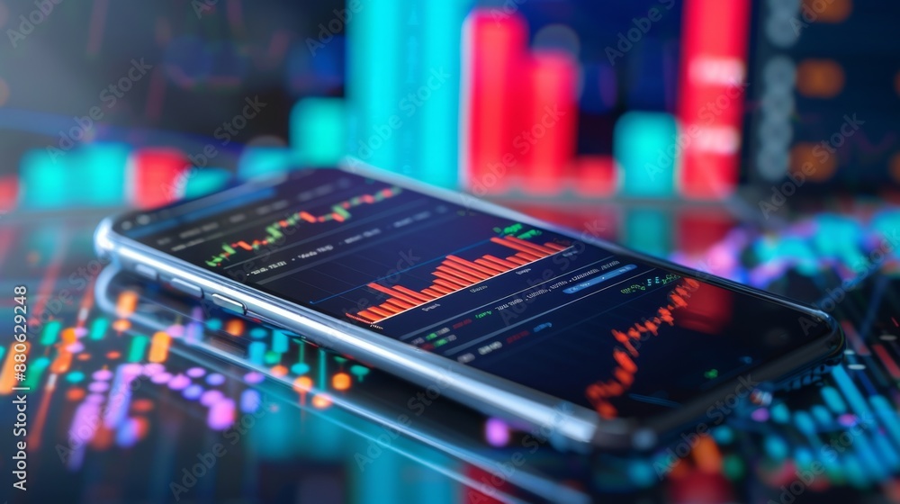 Fototapete A smartphone screen displaying interactive graphs and analytics for mobile stock trading.