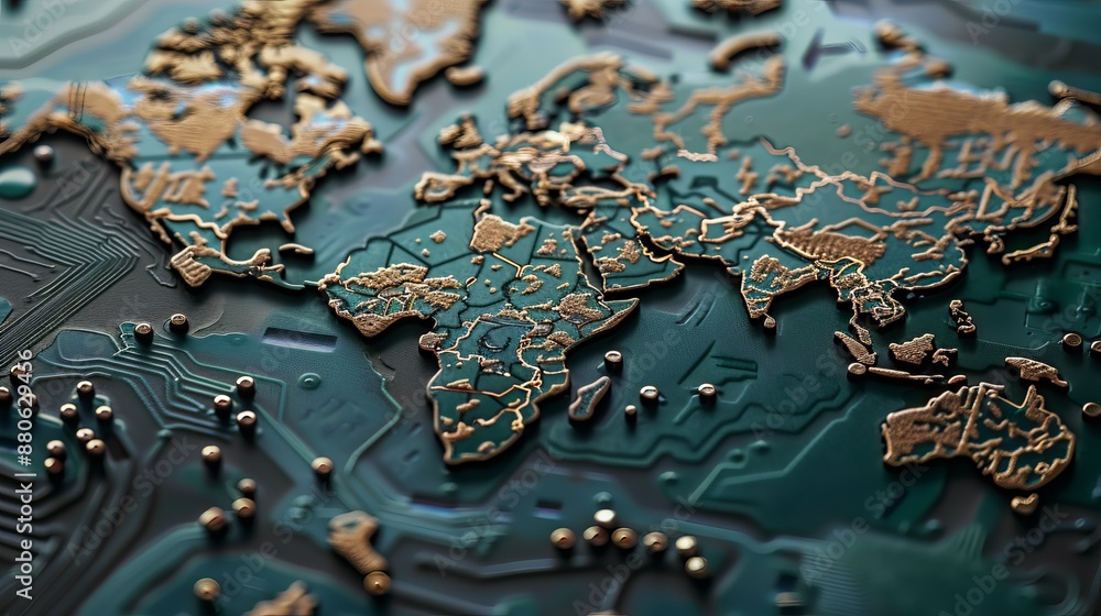 Poster close-up view of a detailed world map on a computer circuit board, highlighting global communication