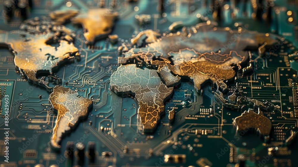 Poster close-up view of a detailed world map on a computer circuit board, highlighting global communication