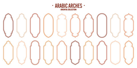Islamic frames, oriental style objects. Arabic shapes, windows and arches. Traditional ornamental banner, frame. Muslim holidays, Ramadan Kareem. Modern eastern architecture. Vector illustration