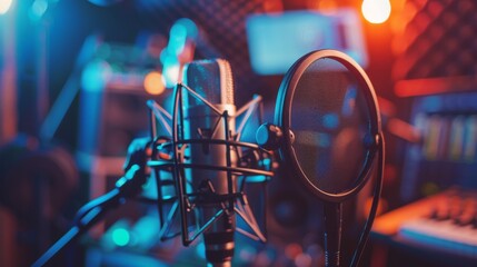 A studio microphone and headphones set up for a professional recording session.