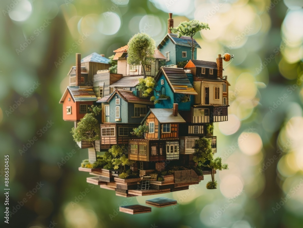 Poster a cluster of colorful miniature houses floating in mid-air with greenery, representing a whimsical a