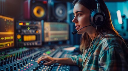 Woman broadcasting live from modern radio station with high-tech equipment, microphone, and headphones, engaged in a dynamic discussion or interview, capturing the essence of contemporary media produc