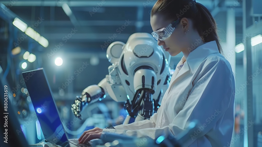 Poster female robotics engineer analyzing robotic machine with laptop in high-tech factory, industry 4.0 co