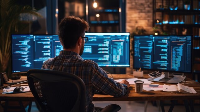 A software developer works on code late into the night, illuminated by the glow of multiple computer screens in a modern office. AIG41