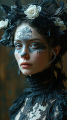 Beautiful Queen Portrait With A Artistic Crown On Her Head and A Luxurious Gown On Blurry Background