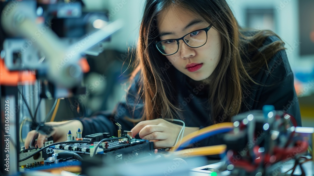 Poster young female engineer developing and testing robotics components in modern laboratory setting, focus