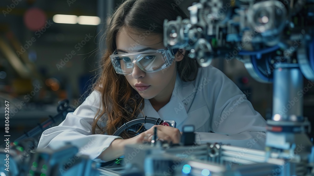Poster young female engineer developing and testing robotics components in modern laboratory setting, focus