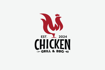 chicken grill and bbq logo with a combination of chicken, fire and bbq tools for food businesses, restaurants, cafes, food trucks, etc.