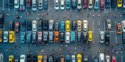 Aerial view of colorful cars in busy parking lot with crowds of people. Top view of parking