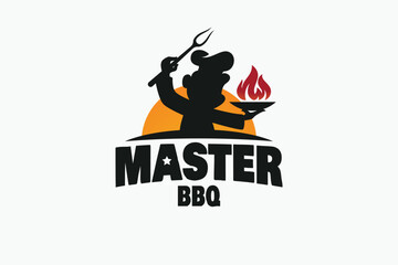 master bbq logo with a combination of a chef holding a spatula, pan, and fire for food businesses, restaurants, cafes, food trucks, etc.