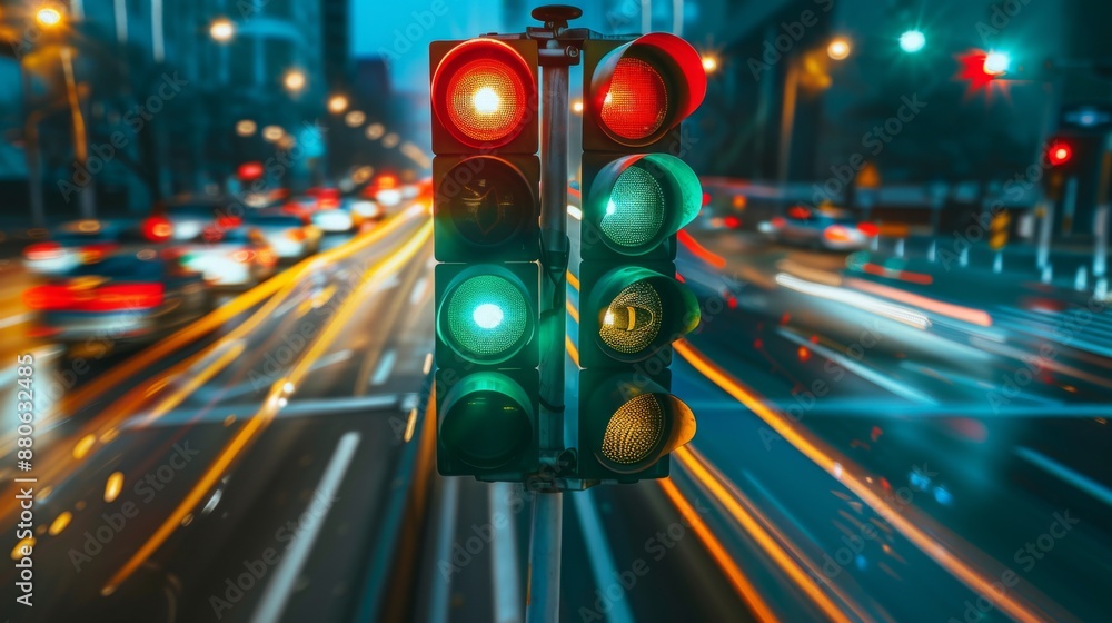 Poster a traffic light changing from green to red with blurred cars passing underneath.