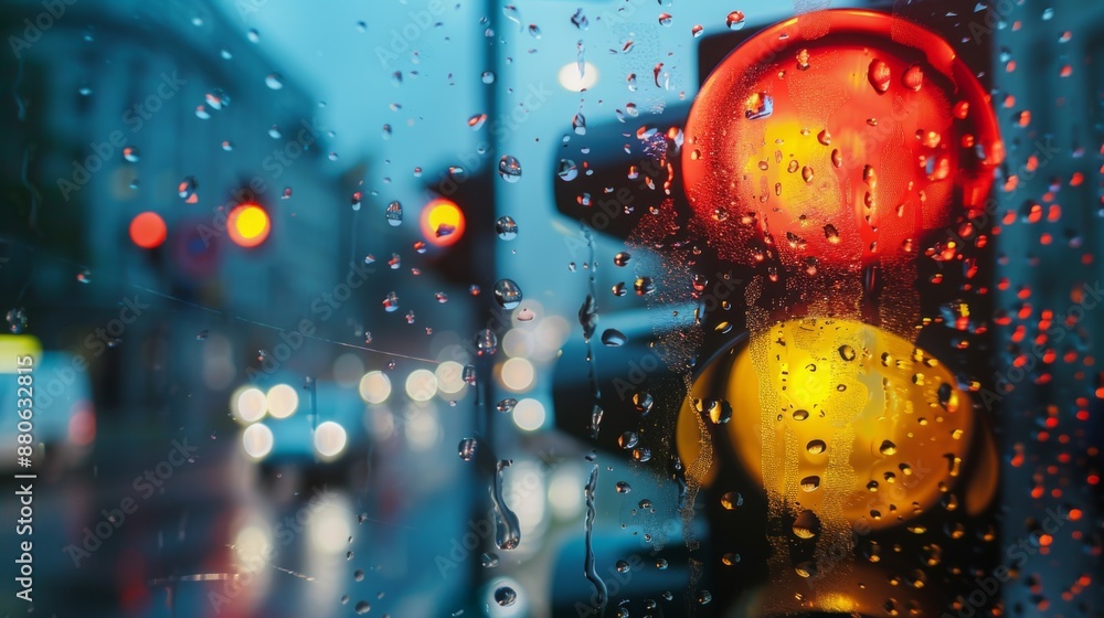 Poster a traffic light intersection during heavy rain with water droplets on the signal lens.