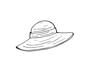 Summer wicker hat with wide brim. women hat protection from the sun. Hand-drawn illustration isolated on white