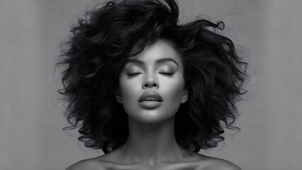 Fototapeta premium Close-up shot of a black woman with curly hair against gray neutral background with