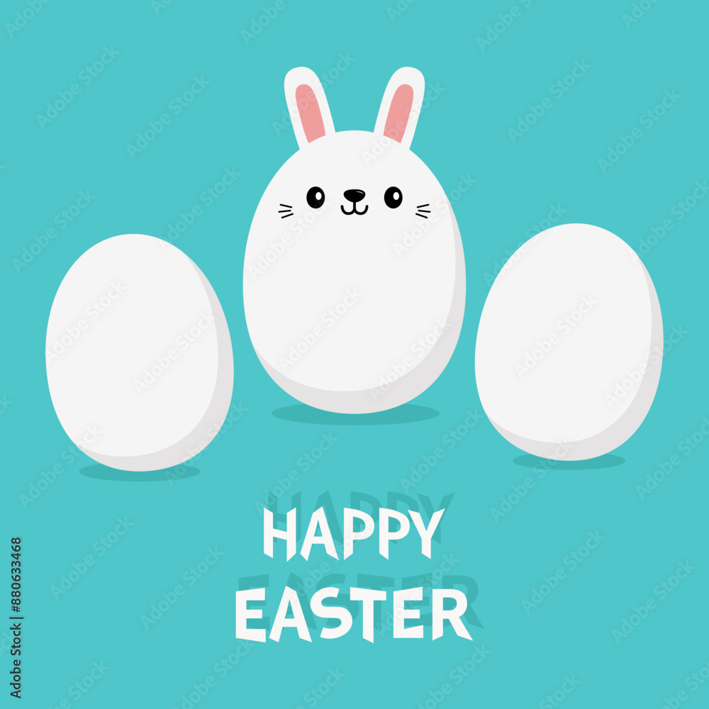 Wall mural Happy Easter. White bunny rabbit hare egg shape. Painting eggs with ears. Funny head face. Pink ears. Cute kawaii cartoon baby character. Greeting card. Blue background. Isolated. Flat design. Vector