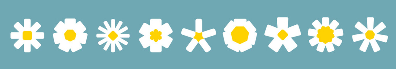 Daisy chamomile set line. White camomile icon. Cute round flower head plant collection. Different shape. Growing concept. Love card symbol. Simple flat design. Blue background. Isolated. Vector