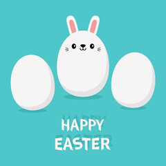 Happy Easter. White bunny rabbit hare egg shape. Painting eggs with ears. Funny head face. Pink ears. Cute kawaii cartoon baby character. Greeting card. Blue background. Isolated. Flat design. Vector