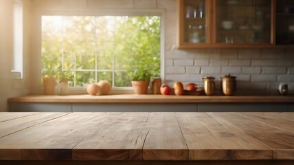 Wooden Table on Blurred Kitchen Background. Empty Wooden Table and Blurred Kitchen Background.