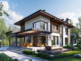 A contemporary two-story house with large windows and a spacious patio, set in a lush green environment under a bright sky.