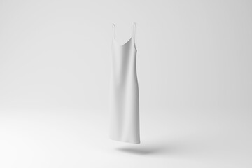 White long gown floating in mid air on white background in monochrome and minimalism. Illustration of the concept of female fashion, textile industry and  garment retailers