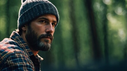 Portrait of a pensive bearded man in nature in the woods