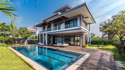 Fototapeta premium A modern home with a pool, surrounded by lush greenery and bathed in the warm glow of sunset, symbolizing luxury and relaxation.