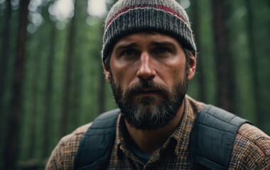 Portrait of a pensive bearded man in nature in the woods