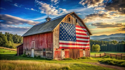 Obraz premium rustic barn painted with the American flag, set in a peaceful countryside