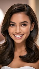 Naklejka premium a closeup photo portrait of a beautiful young mexican model woman smiling with clean teeth