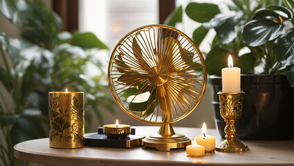 a gold fan, three gold candles, and a green plant in a black pot.