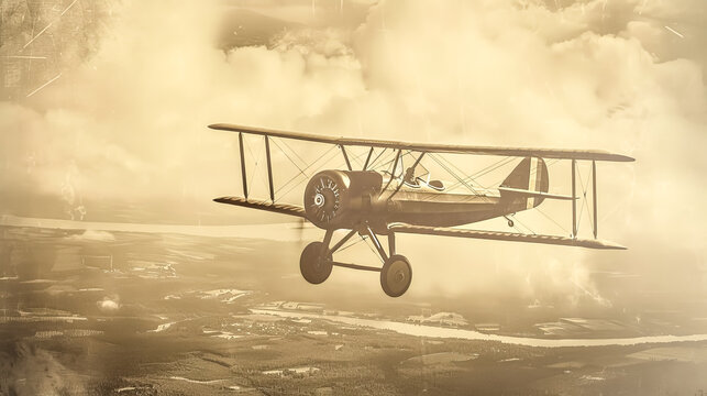 Vintage world war i biplane flying over no man's land