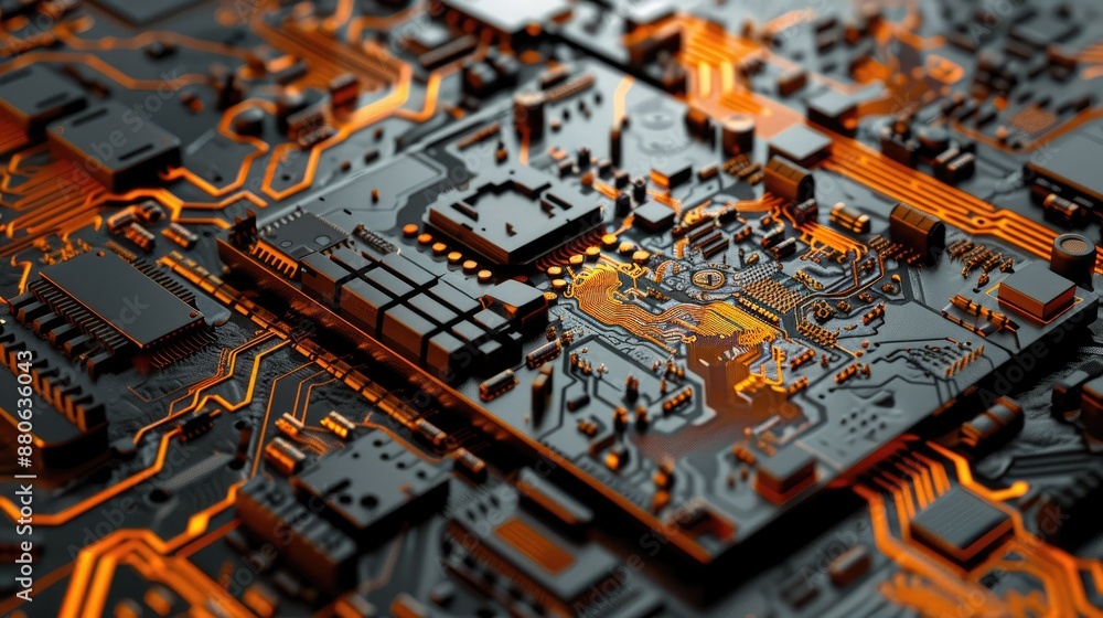 Poster the image shows a close-up of a computer circuit board. the board is made of a green material and ha