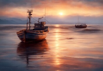 Naklejka premium sea ocean generate boat painting color nature view sunset fishing wave seascape sunrise oil horizon digital light ai landscape