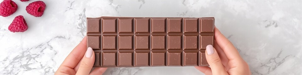 Fototapeta premium Chocolate bar in hand, wide panoramic banner with copy space.