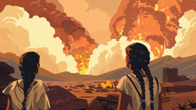 Genesis : Sodom and Gomorrah , Biblical Illustration of Lot&rsquo;s Daughters Watching the Destruction of Sodom, Genesis, Beige Background, Copyspace