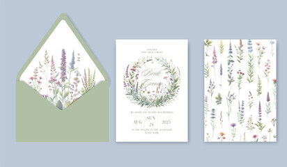 Watercolor wedding invitation template set with wildflower and garden flowers.