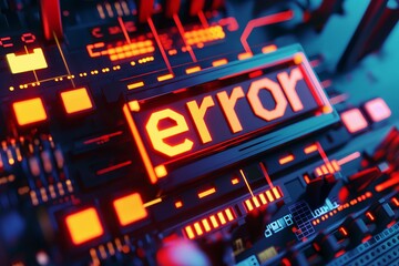 A digital screen displaying the word "error" in bright red, surrounded by intricate circuit board patterns and glowing lights. This image emphasizes a critical system failure or malfunction.