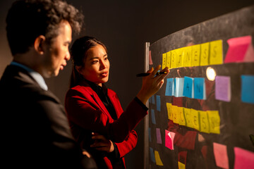 A man and a woman are looking at a white board with a lot of writing on it