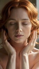 Fototapeta premium A close up of a woman's face with her eyes closed looking to a side