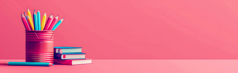 Fototapeta premium Back to school. On a pink isolated background there is a stationery cup with colored pencils, a notebook and textbooks. The concept of training and education. Copy the space. The banner