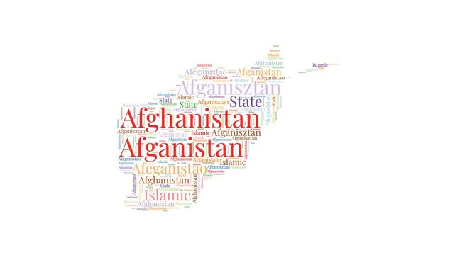 Afghanistan shape word cloud animation. Country boundary filled with country names animated. Afghanistan presentation video.