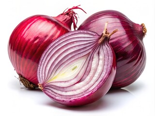 Vibrant red onion with papery skin and delicate layers, freshly cut and isolated on a clean white background, ideal for culinary and food compositions.