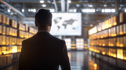 Businessman analyzing data in a modern warehouse with illuminated shelves and map display, representing global logistics and management.
