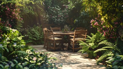 An inviting garden terrace with a vintage wooden table and chairs, nestled among lush ferns and blooming bushes. The area is lit by warm sunlight filtering through the leaves.