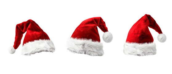 three santa claus hats isolated png transparent background