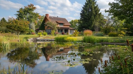 Fototapeta premium Modern suburban house with large windows, spacious yard, and outdoor seating, surrounded by lush greenery and blue sky
